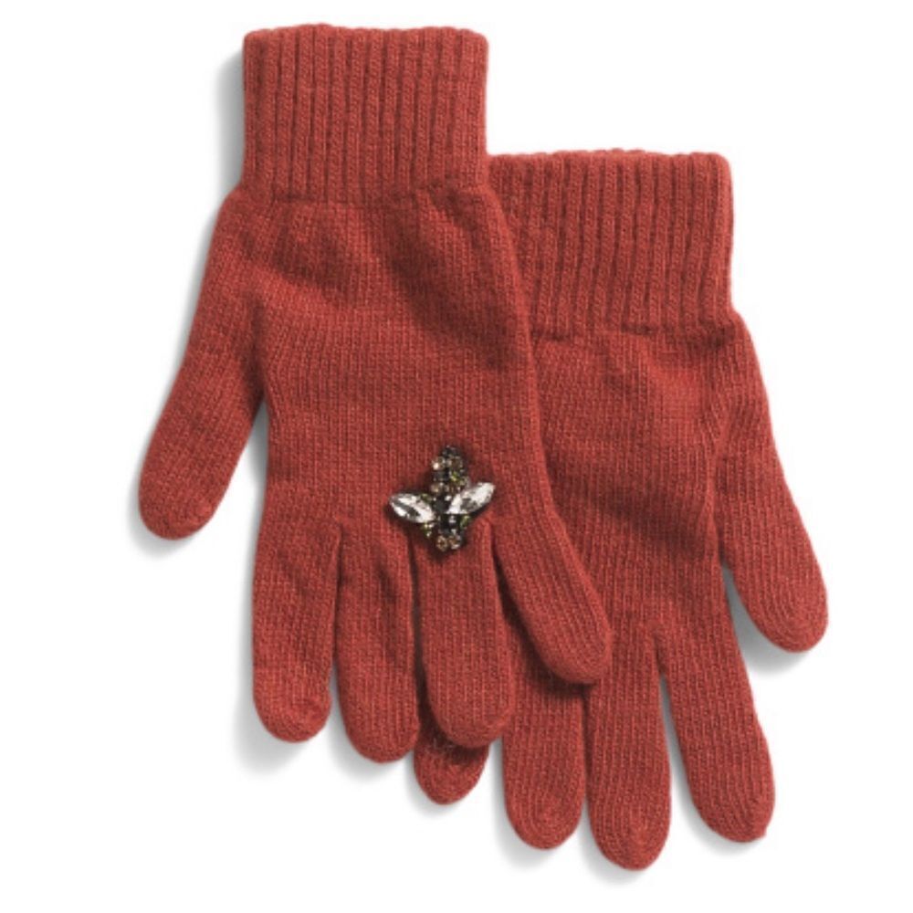 StilEstro Rust Cashmere Wool Blend Fine Knit Jeweled Ring Finger Detail Gloves